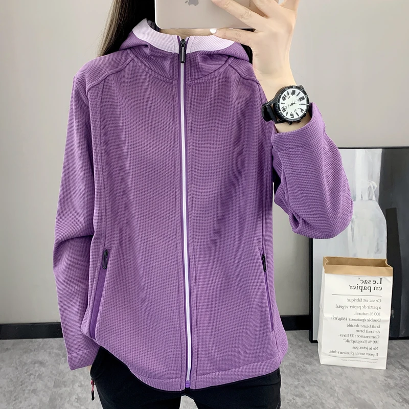 女士春秋开衫连帽抓绒衣宽松加绒纯色时尚休闲服户外运动软壳上衣