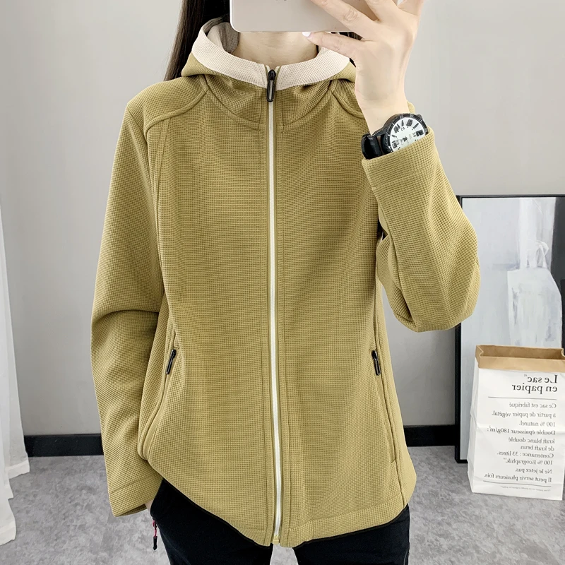 女士春秋开衫连帽抓绒衣宽松加绒纯色时尚休闲服户外运动软壳上衣