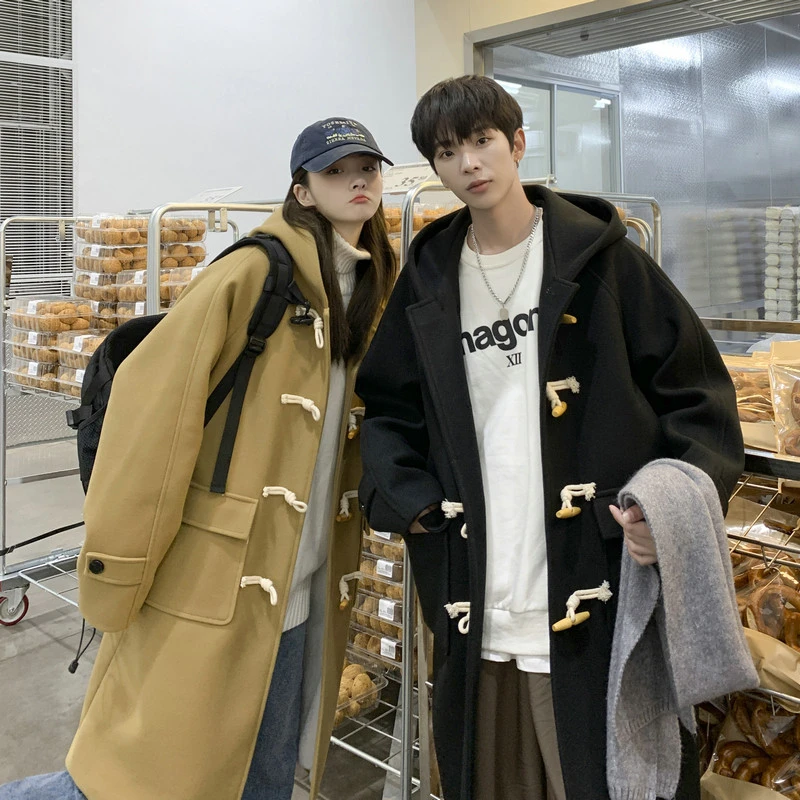 中长款牛角扣毛呢大衣男秋冬季加绒加厚韩版潮流情侣连帽风衣外套