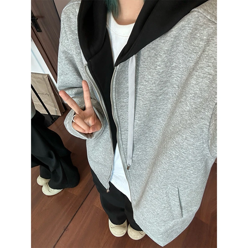 日系假两件开衫卫衣男秋季cleanfit拉链棒球夹克休闲百搭短款连帽