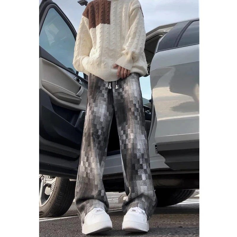 美式复古像素格子裤子男秋冬款潮牌高街小众设计宽松直筒阔腿长裤