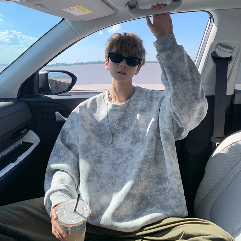 美式复古街头风hiphop圆领卫衣男扎染痞帅大码衣服秋冬季加绒外套