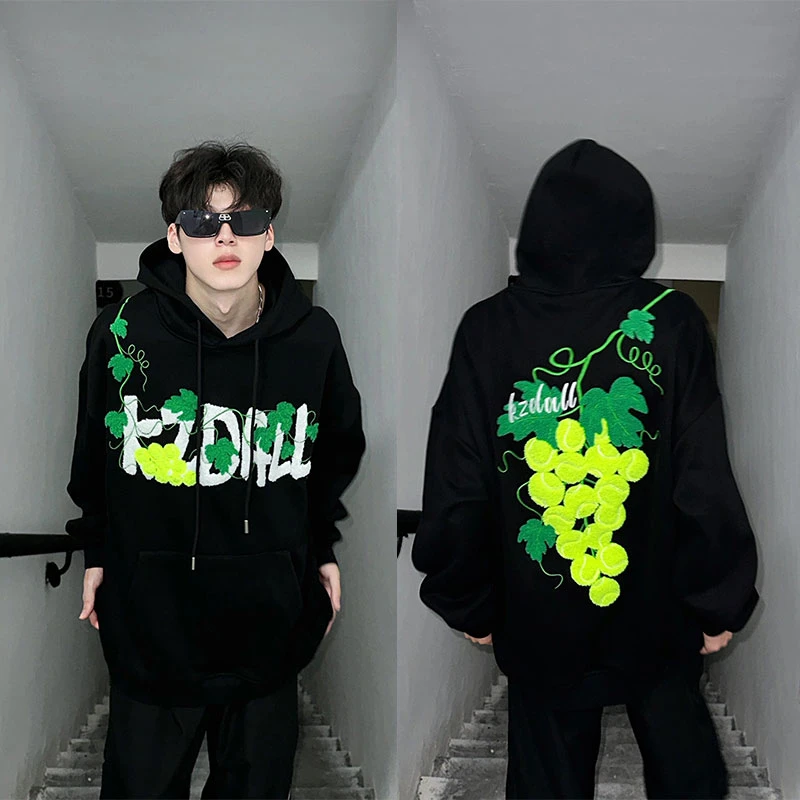 kzdall美式葡萄网球毛巾绣连帽卫衣男秋冬刺绣设计感重磅情侣外套