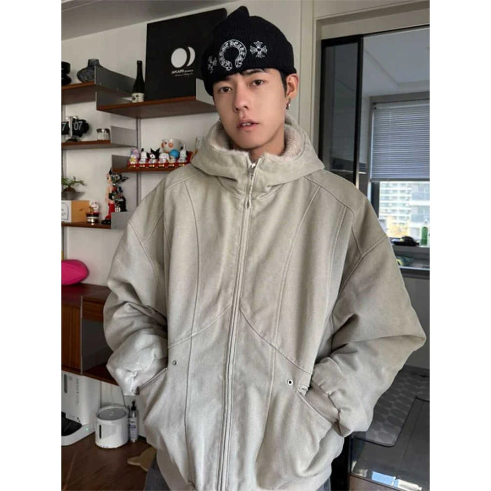 美式高街高级感夹克棉服男款秋冬季加绒加厚保暖连帽加绒外套棉衣