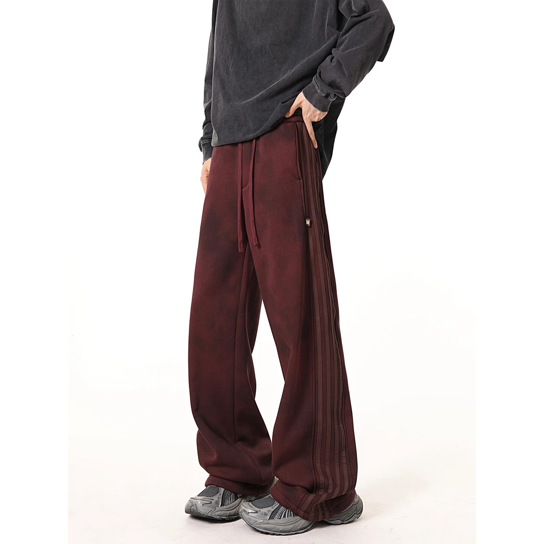 V37 美式校园风条纹休闲裤男生冬季新款高街百搭宽松直筒阔腿裤子