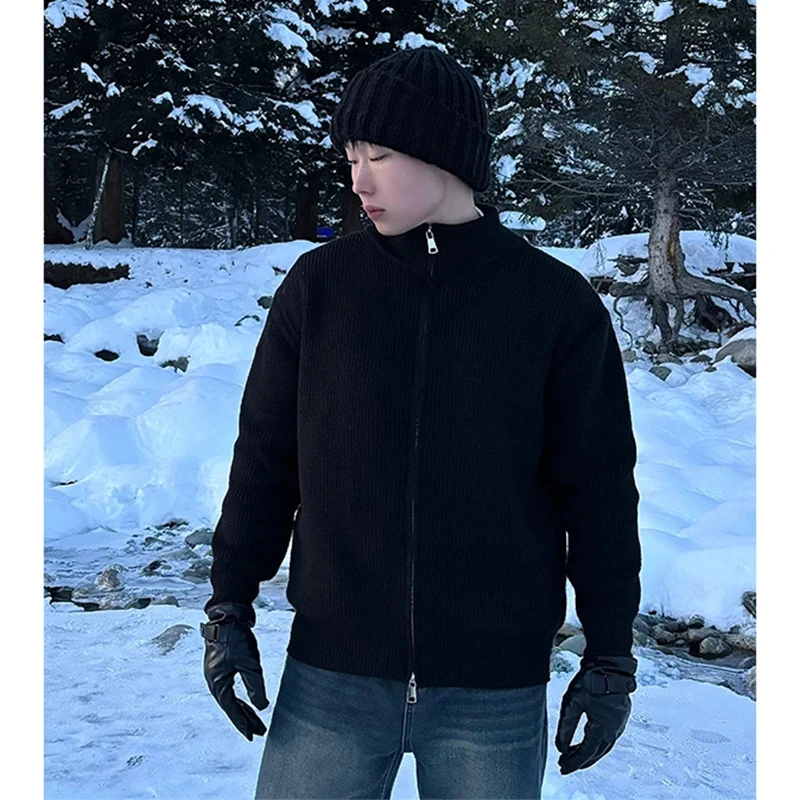cleanfit双拉链立领毛衣男冬季美式高级感慵懒风针织开衫加厚外套