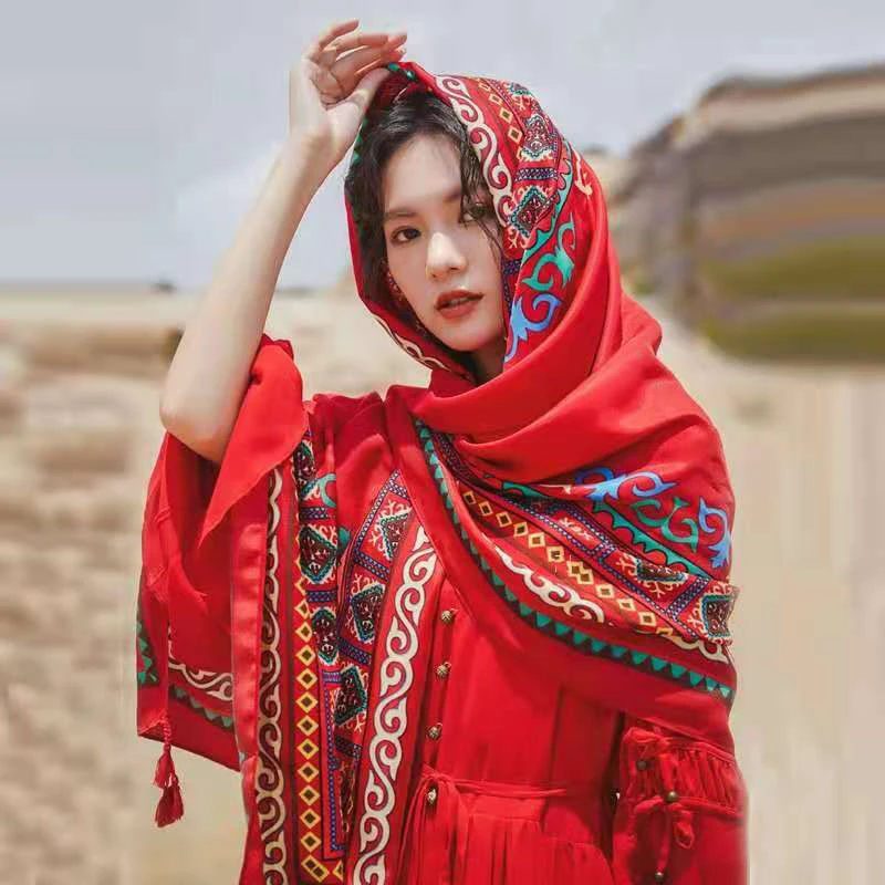 美丝宸大红民族风夏披肩围巾超大防晒海边云南丽江新疆西藏女百搭