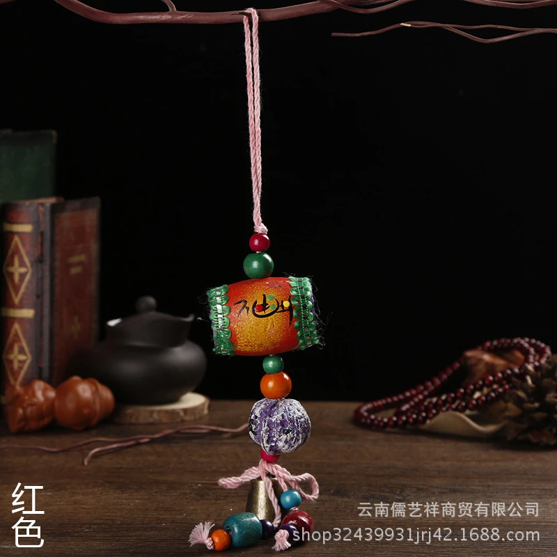 批发云南民族风木质小鼓风铃东巴风铃手工祝福语挂件旅游工艺品