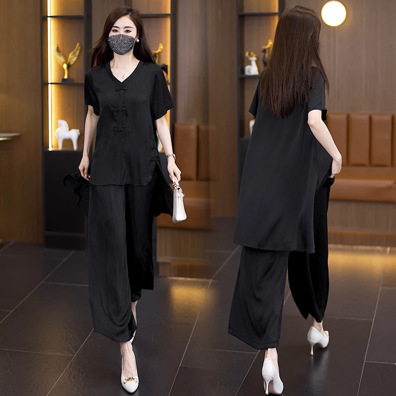 2025夏季新款轻奢大码新中式两件套时尚妈妈轻薄透气阔腿裤套装女