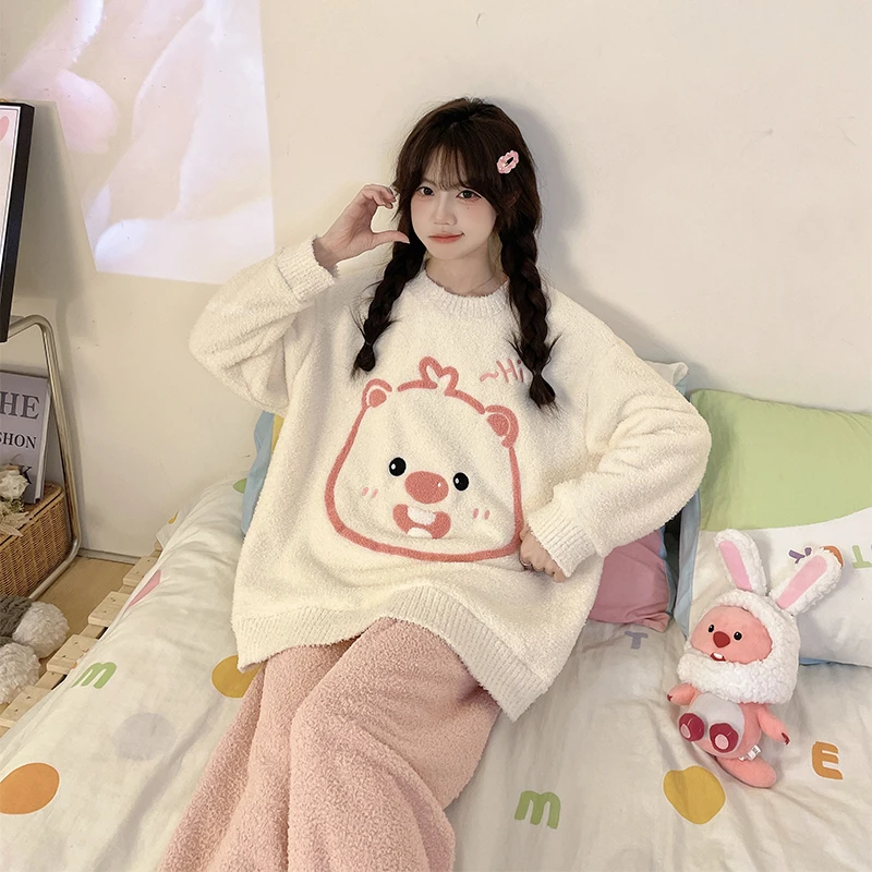 睡衣女秋冬季珊瑚绒加厚2024新款半边绒家居服可外穿冬天加绒套装