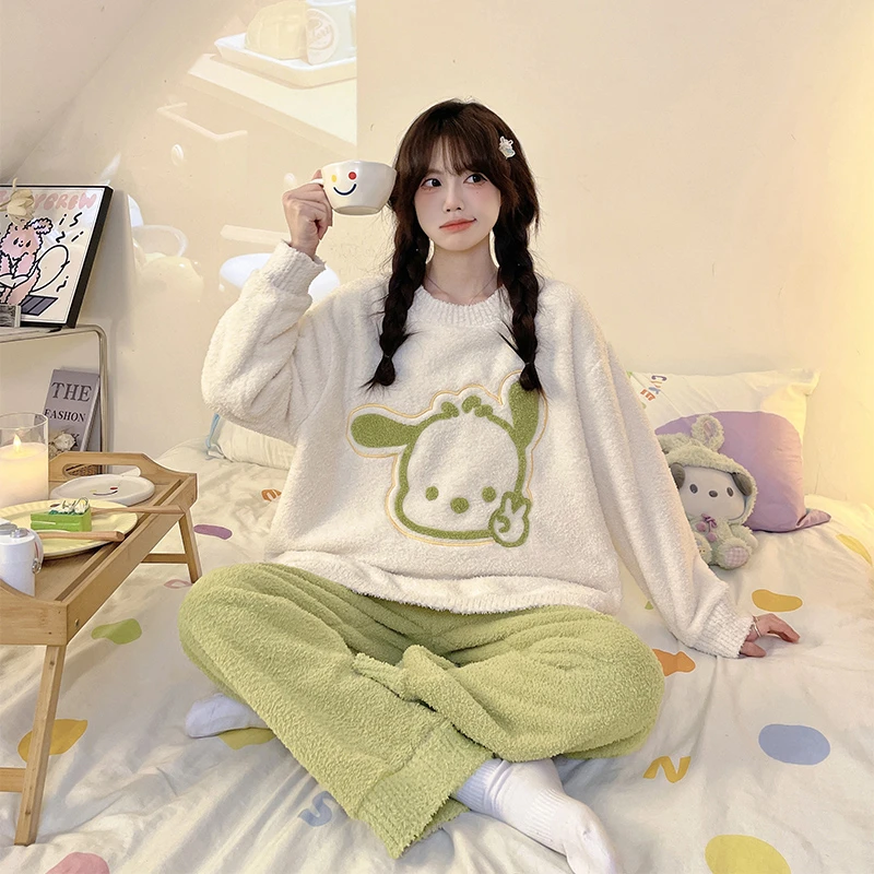 睡衣女秋冬季珊瑚绒加厚2024新款半边绒家居服可外穿冬天加绒套装