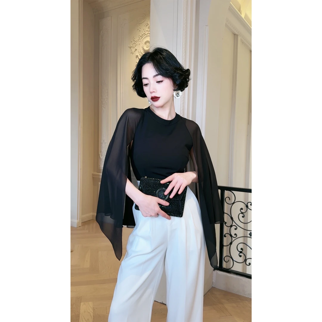 LYXJ【黑纱魅影】夏款黑色针织雪纺纱上衣10931