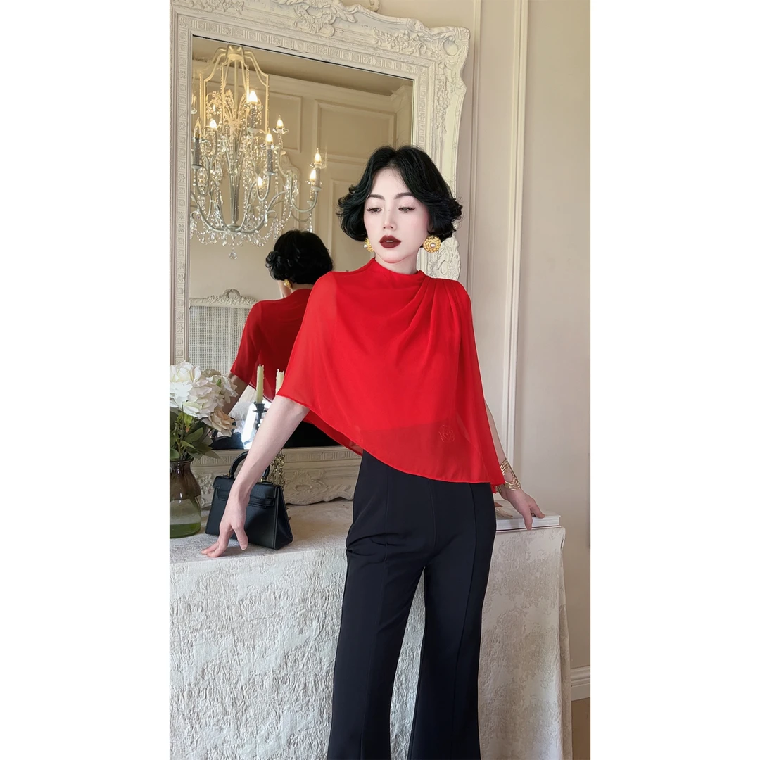 LYXJ【菲妮儿之美】（漏左肩）夏季透气红色轻纱上衣11070