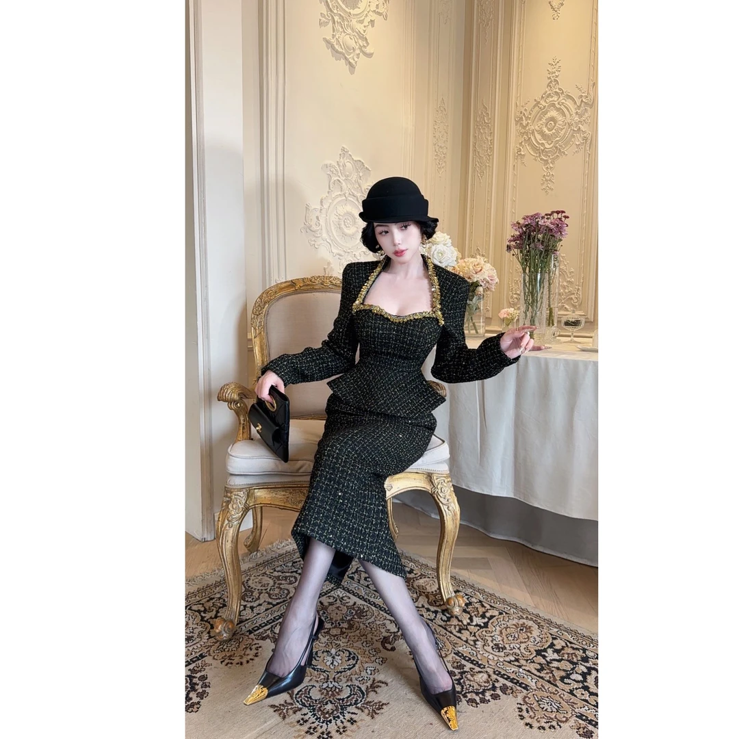 LYXJ【黑金帝佳尼】秋冬黑金法式复古粗花时尚套装11369