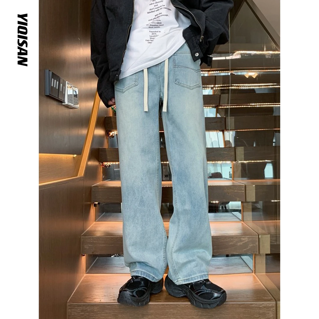 美式复古设计百搭松紧腰宽松水洗牛仔裤情侣休闲直筒裤YS806