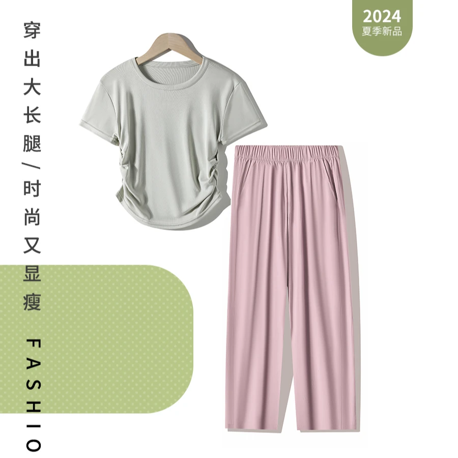 ZH夏季新款山本弯刀裤休闲薄款宽松纯色时尚简约短袖弯刀裤套装