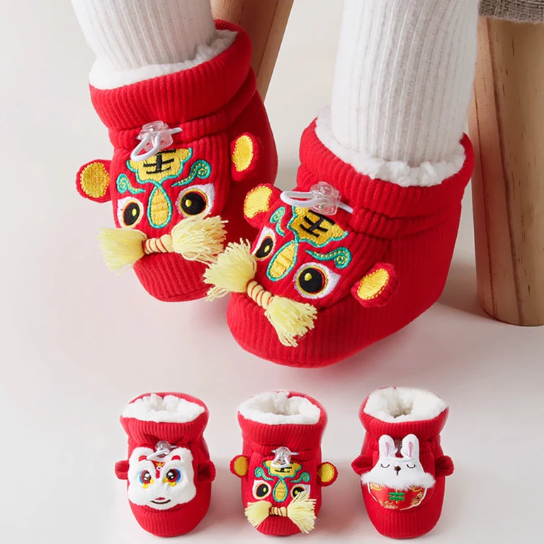宝宝虎头鞋冬加厚加绒婴儿保暖袜套不掉新生儿棉鞋棉靴大红色老虎