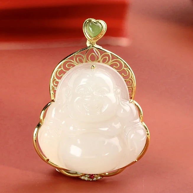 18k金新疆羊脂白玉佛公吊坠和田玉玉石弥勒佛毛衣链大气饱满女