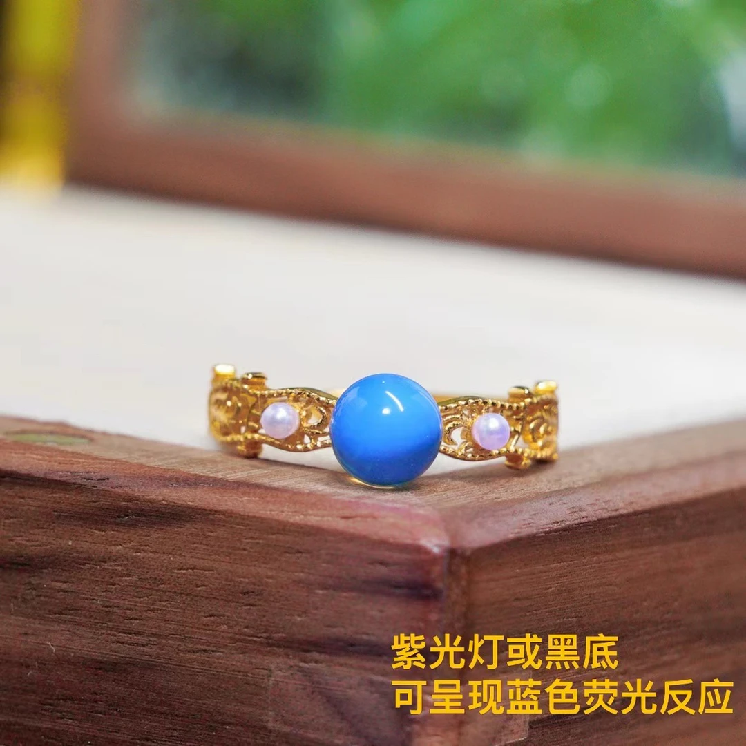 正品墨西哥蓝珀琥珀圆珠戒指高净度年轻百搭S925银镶女开口戒