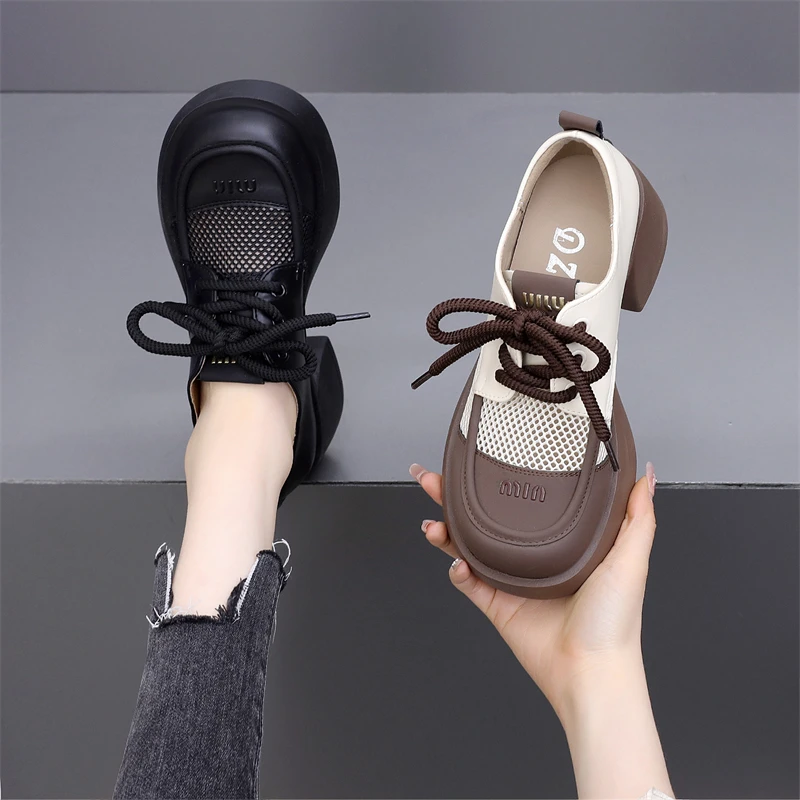 百搭系带粗跟小皮鞋女2025年春季新款透气网面单鞋厚底增高乐福鞋