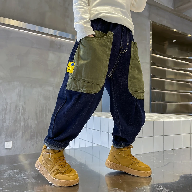 男童秋冬加绒裤子2023新款儿童春秋时髦软工装牛仔裤K214KZ871