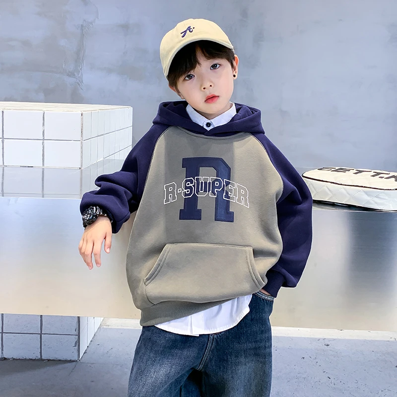 男童冬季撞色加绒连帽卫衣2022新款潮牌加厚衣服儿童冬K224WY1863