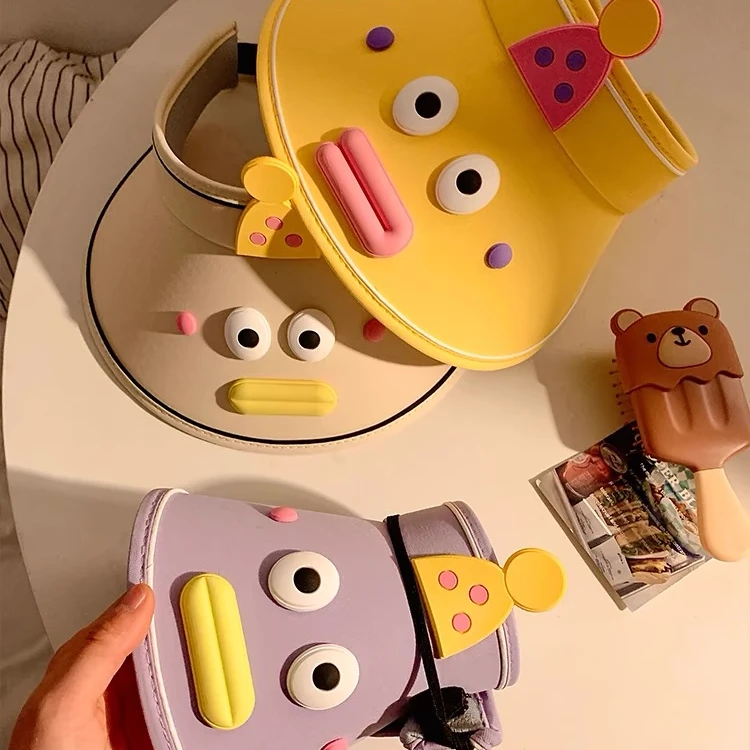 可爱卡通香肠嘴女夏季大帽檐防晒遮阳大女童沙滩防紫外线空顶帽子