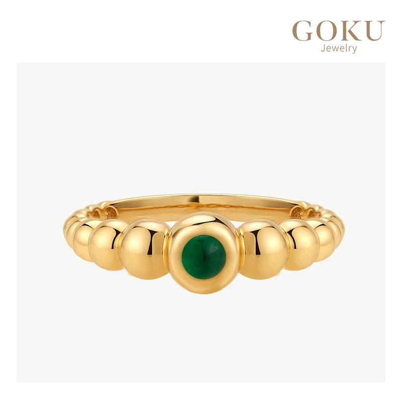 GOKU18K金戒指女泡泡祖母绿女戒镶嵌小众绿色宝石小气泡金戒指