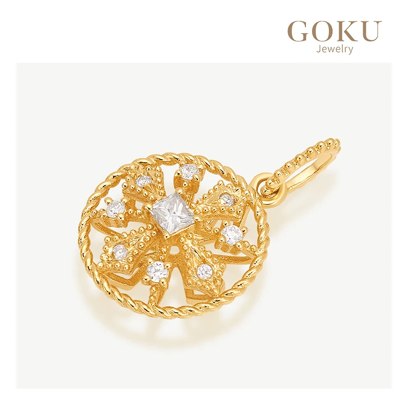 GOKU「蕾丝」18K金吊坠女圆形雪花钻石坠新中式大扣头K金万能扣头