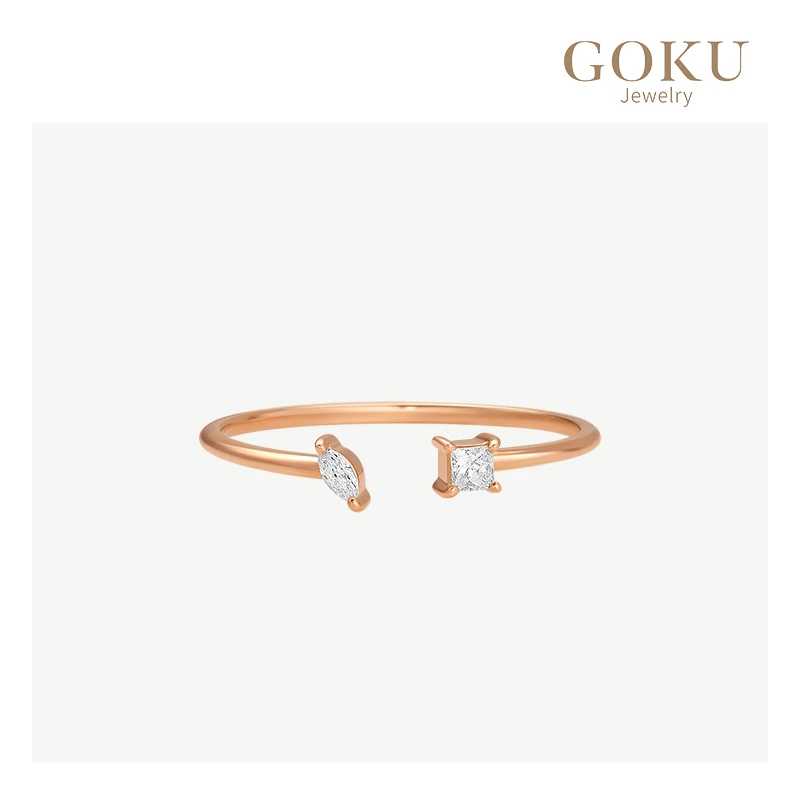 GOKU18K玫瑰金戒指女马眼公主方开口钻戒叠戴小众镶钻K金女戒