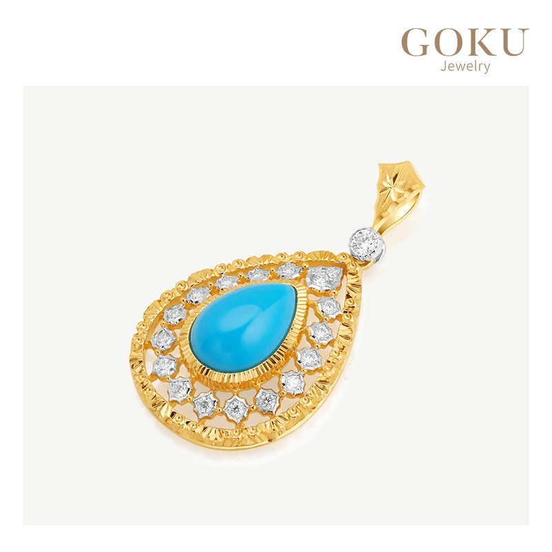 GOKU18K金吊坠女绿松石雕金钻石坠手工蓝色轻奢时尚复古重工颈饰