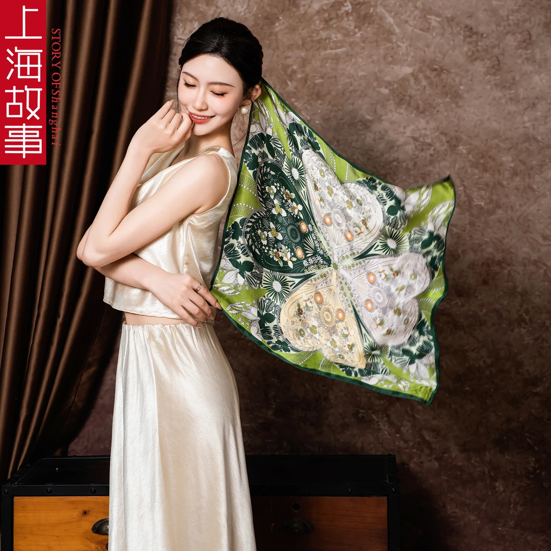 上海故事幸运四叶草53cm小方巾100%桑蚕丝
