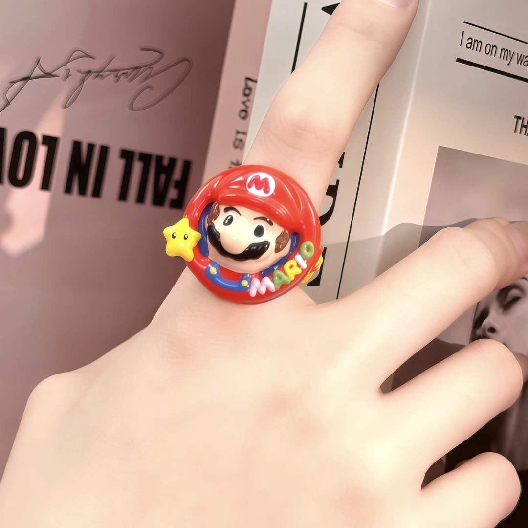可爱卡通马里奥头像手绘戒指韩国风配饰饰品情侣
