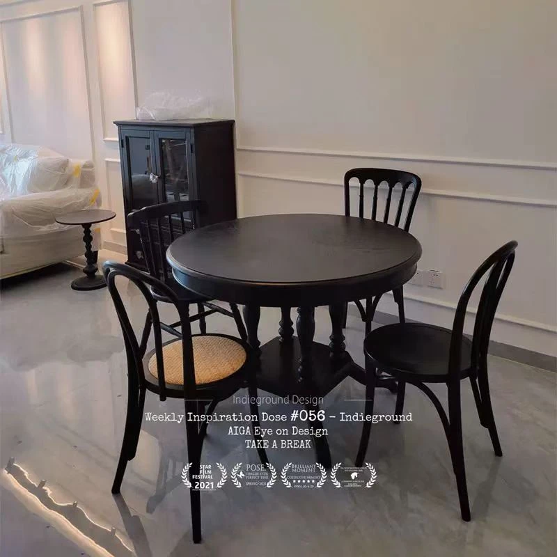 秋林木语508法式复古圆餐桌黑色中古风圆美式实木圆形餐桌可折叠