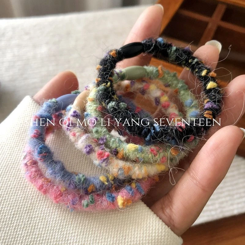 秋冬彩色毛线发绳高弹力彩色皮筋温暖法式头绳简约