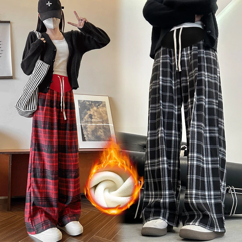 孕妇裤子秋冬款外穿格子裤加绒加厚冬装阔腿裤高个子加长拖地裤女