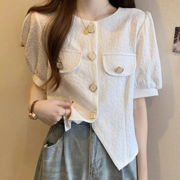 清仓捡漏~夏季圆领泡泡短袖小香风别致衬衫女肌理感T恤短款上衣潮