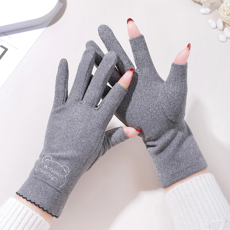 德绒保暖露二指头触屏女士秋冬季手套韩版单层薄款不加绒防寒可爱