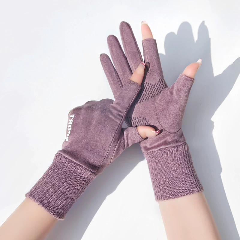 加长露两指秋冬骑车防滑外卖出二指加绒加绒户外骑行防寒保暖手套