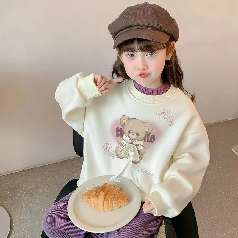 加绒女童卫衣冬装2024新款洋气儿童秋冬款加厚小女孩冬季圆领上衣