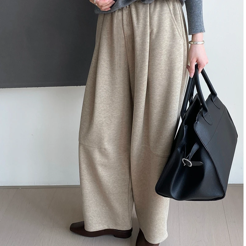 Hjie-经典简约时尚宽松百搭休闲羊毛天丝奶奶裤阔腿裤-241272