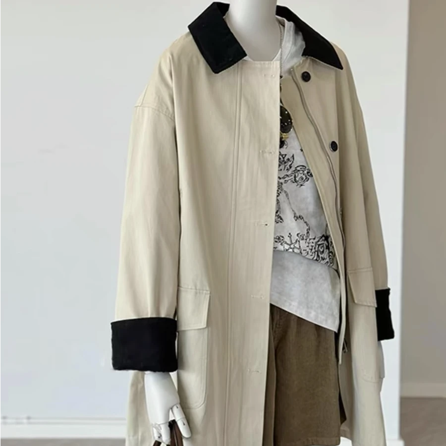 Hjie-外套风衣皮衣时尚休闲拼接长款百搭