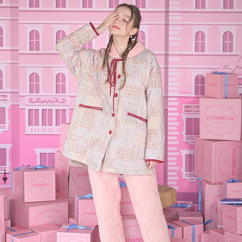 曼宅家俱乐部睡衣加厚高支棉冬季女加绒保暖格纹拼接家居服两件套