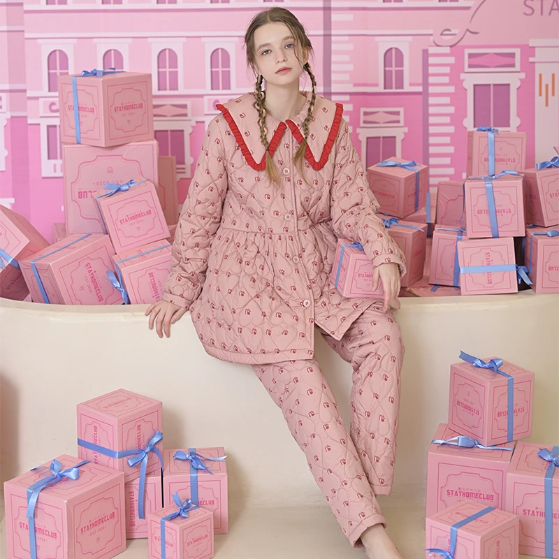 曼宅家俱乐部睡衣加厚春亚纺女士冬季中长款保暖可爱家居服可外穿