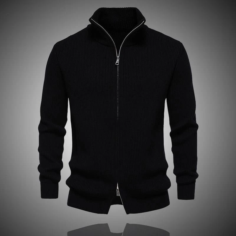 秋冬新款半高领双拉链毛衣外套男士潮流修身加厚简约纯色针织开衫