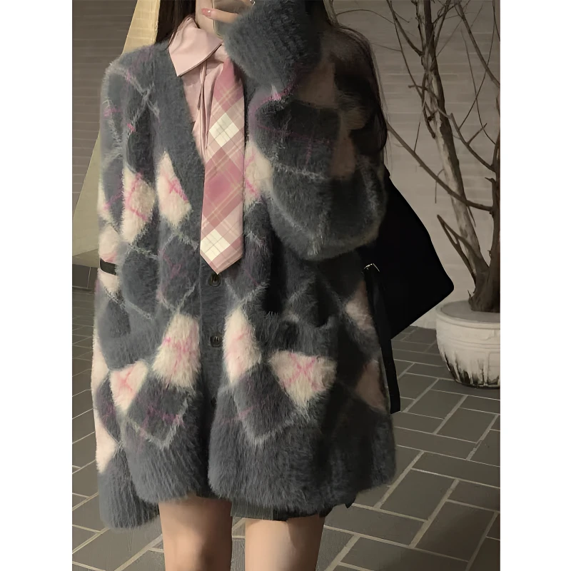 【灰色菱格开衫衬衫套装】软糯毛衣女秋冬设计感女慵懒风针织衫外套