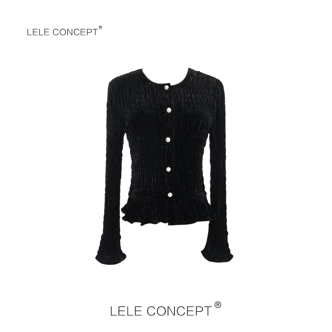 LELE CONCEPT丨小众设计师圆领丝绒抽皱上衣S0577
