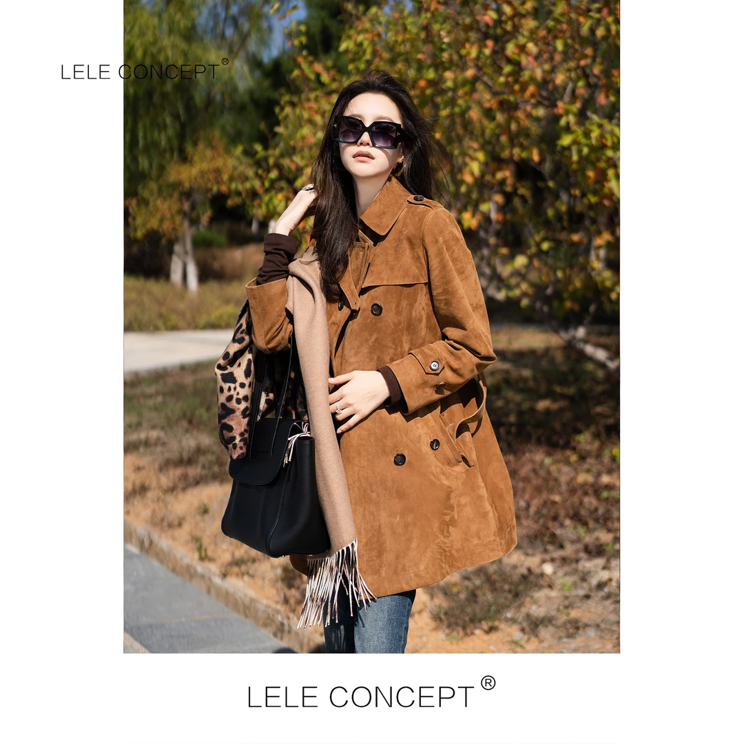 LELE CONCEPT丨都市港风轻奢设计款领口挂带皮风衣P0026