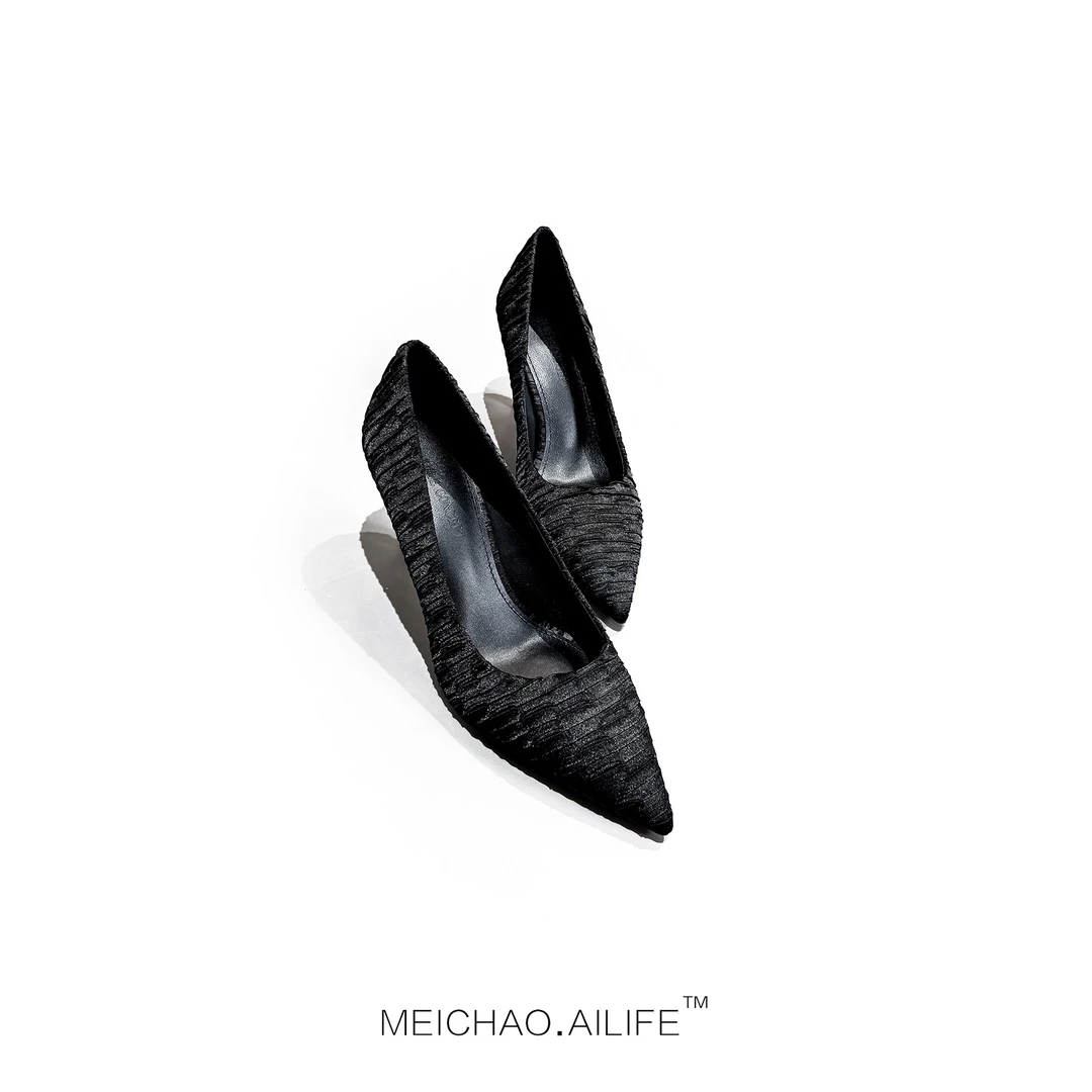 时尚气质高级感轻奢优雅尖头细跟褶皱高跟鞋X0103