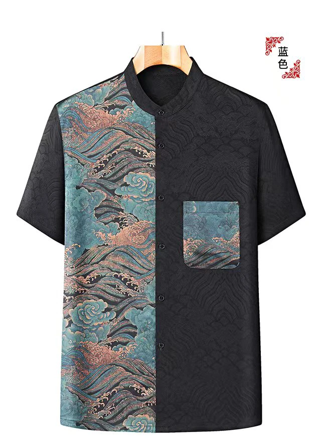 新款高端男士短袖衬衫夏季中青年桑蚕丝中国风新中式爸爸时尚上衣
